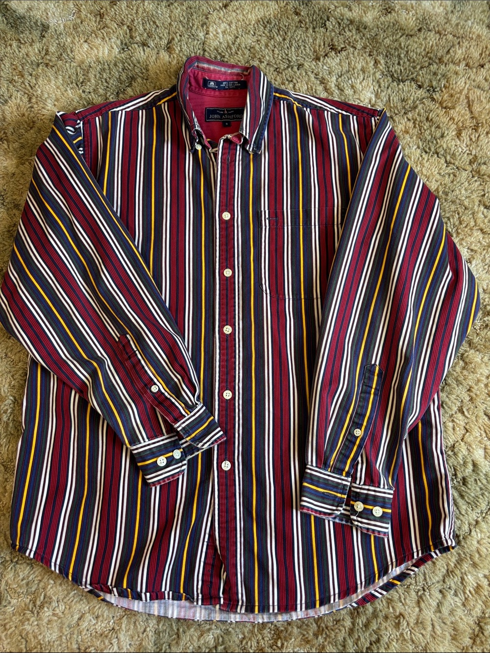 John Ashford Men's Burgundy, Navy, Green,  & Yellow Striped Button-Down Shirt